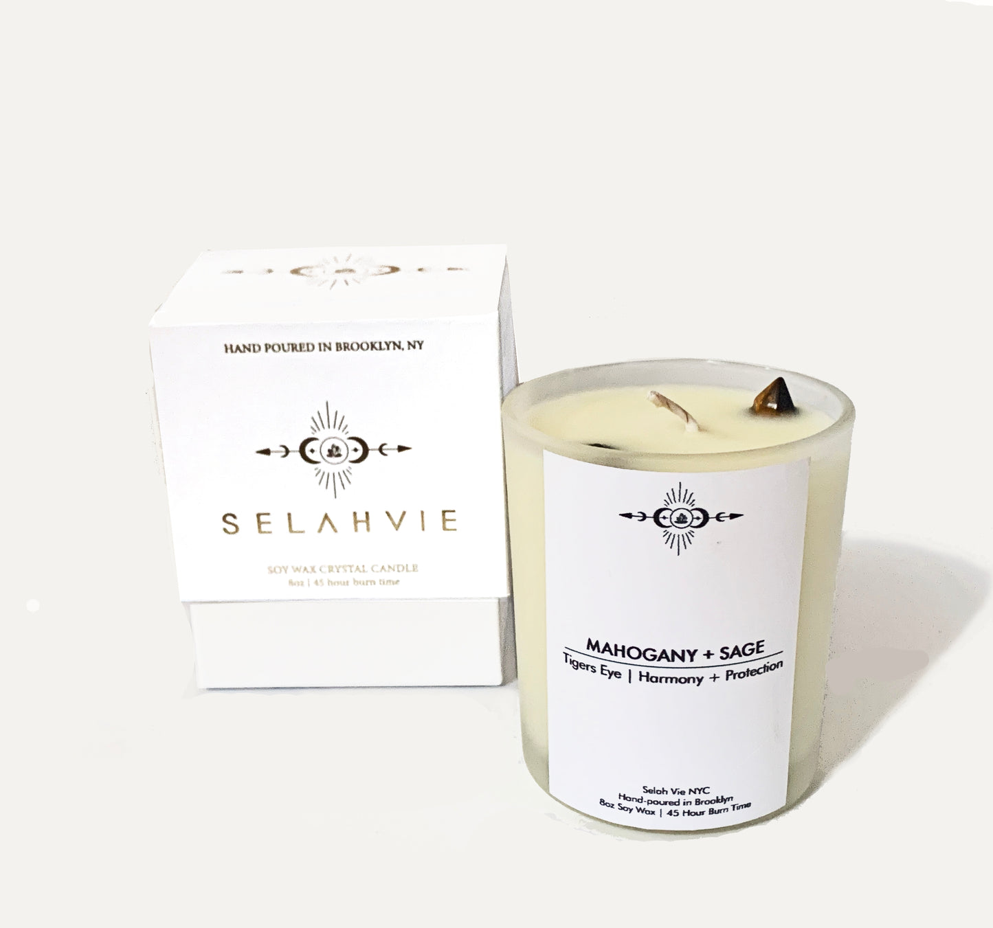 Mahogany and Sage Tigers Eye Crystal Candle