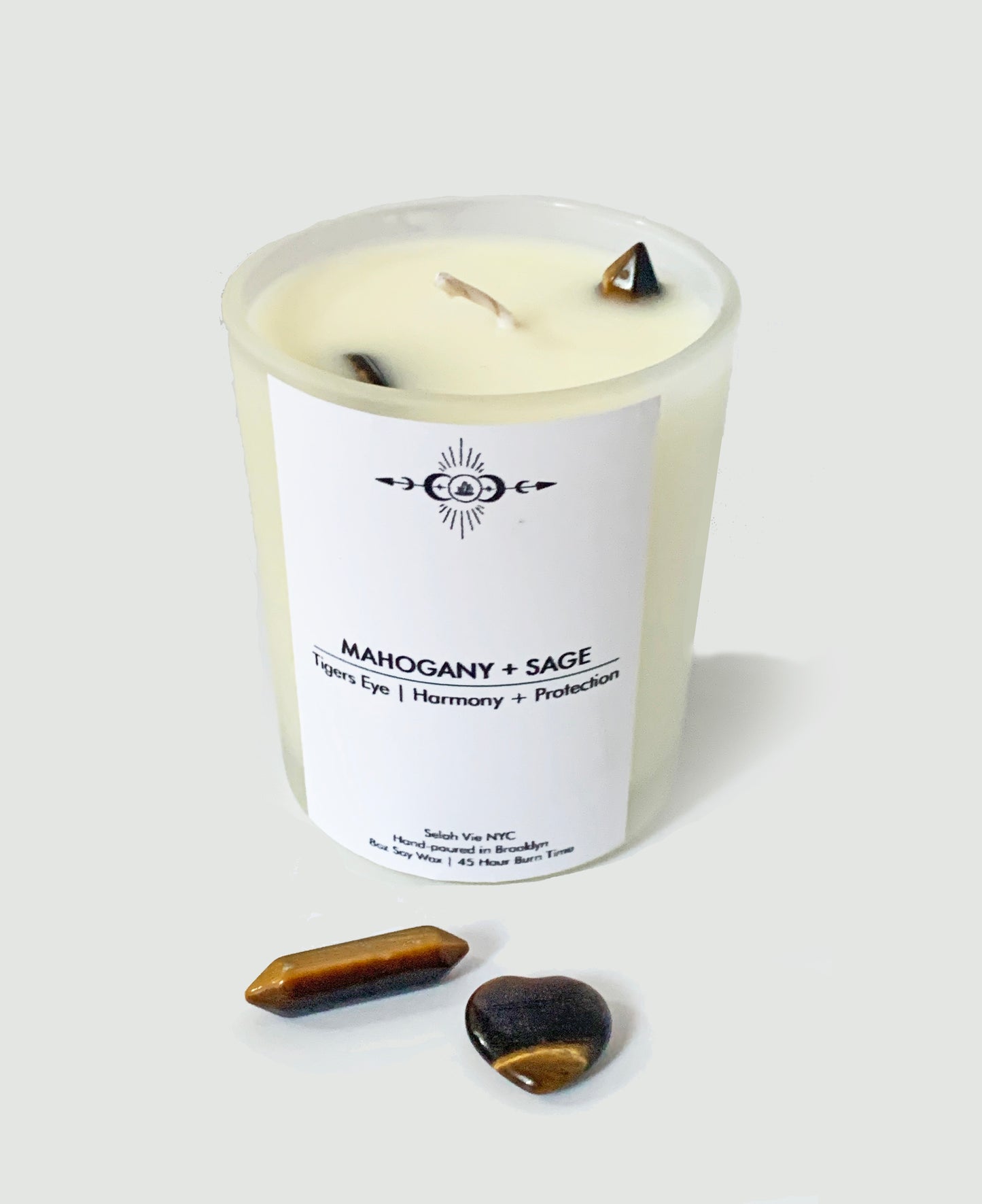 Mahogany and Sage Tigers Eye Crystal Candle