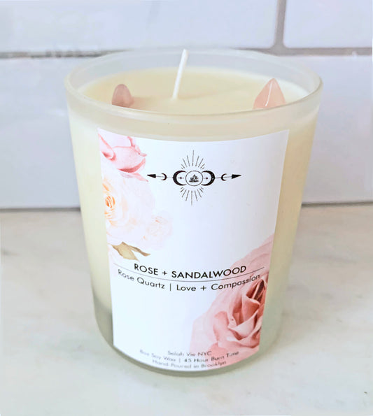 Rose Quartz Crystal Candle- Sandalwood Rose
